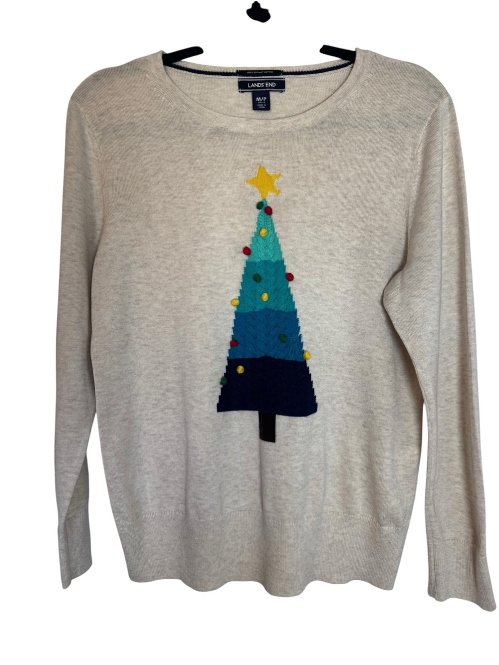Lands' End Women’s Cream Ombré Christmas Tree Medium 100% Cotton Sweater